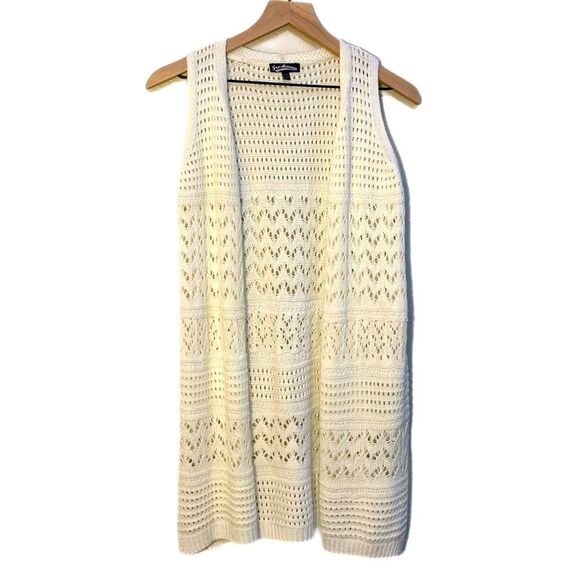 FRESHMAN Crochet Vest Women’s XL 16 Cream Open Front Side Slits. Duster. - Picture 1 of 11